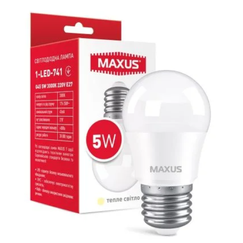 Лампа світлодіодна MAXUS 1-LED-741 G45 5W 3000K 220V E27 (1-LED-741)